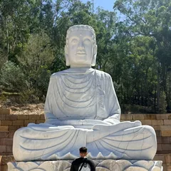 A stone Buddha seated among trees