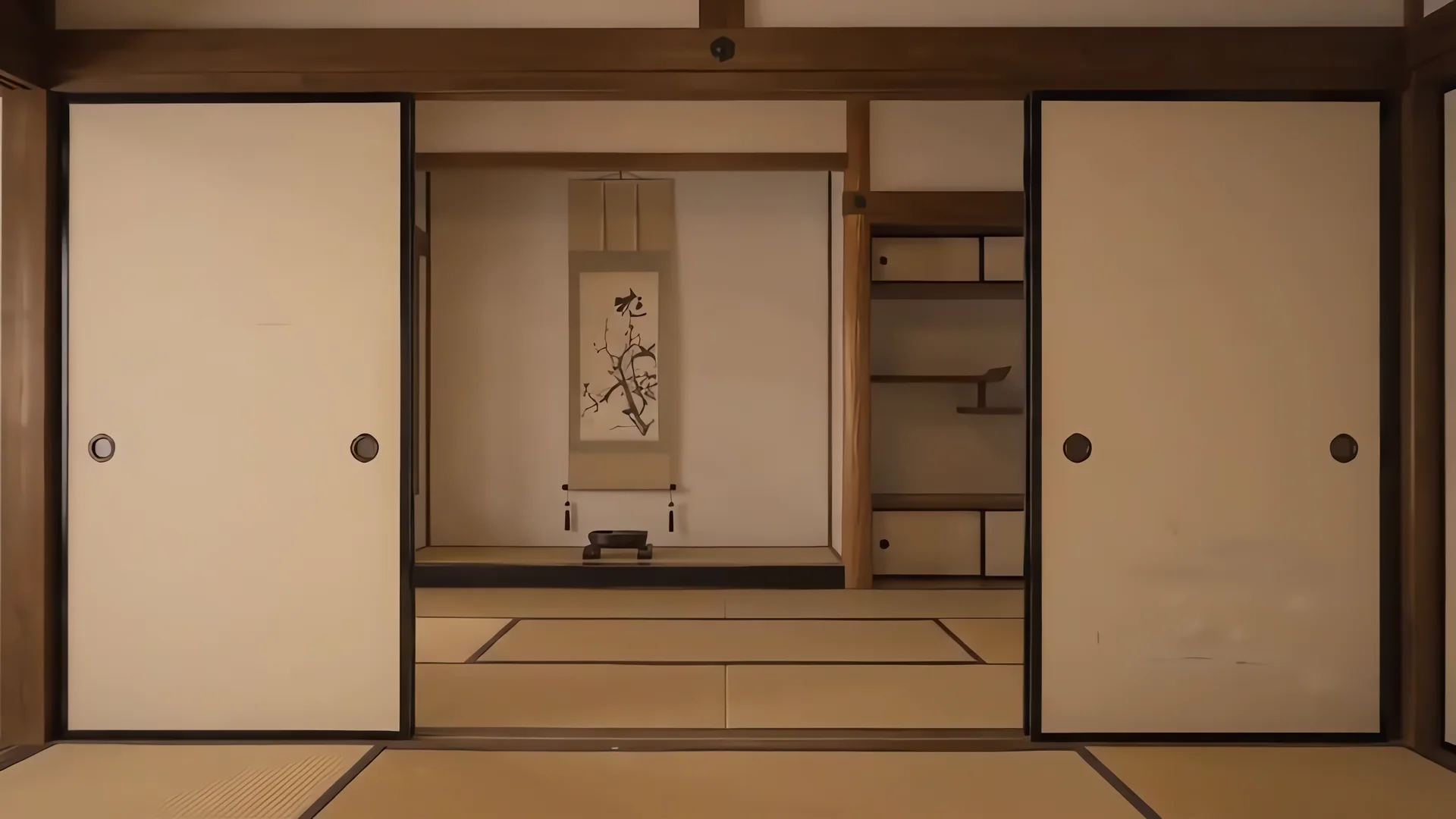 A traditional Japanese room, its sliding doors open onto an alcove with a hanging scroll